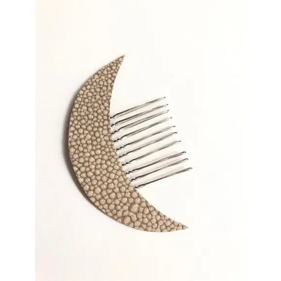 Artisan Handmade Leather Crescent Moon Celestial hair comb- Beige cobblestone - Picture 2 of 7